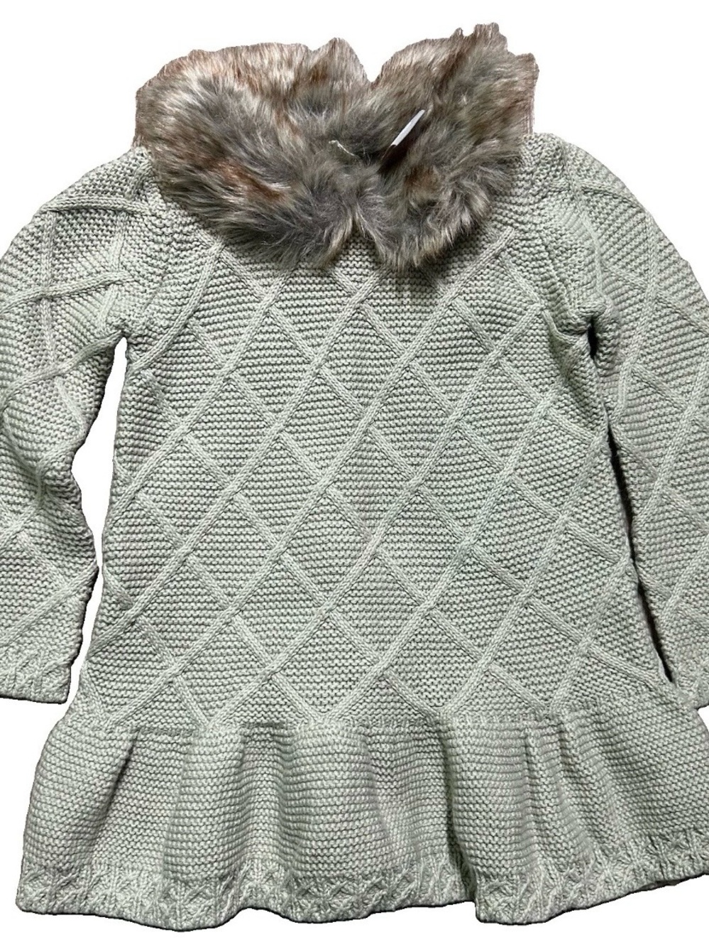 Toddler Girl Tahari Green Knit Winter Dress Fur Collar Size 2T